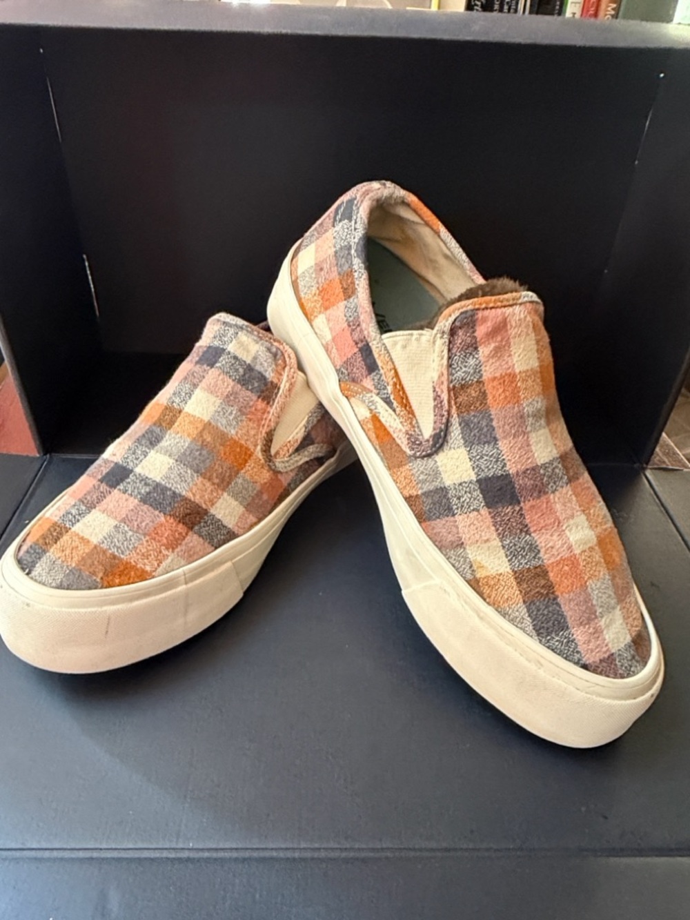 SeeVees Baja Women’s Plaid Slip-On Athletic Sneakers - Orange/Gray/Cream